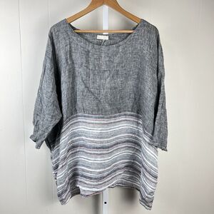 CP Shades Oversized Tunic Top 100% Linen‎ Gray Pink Blue Stripe Womens Small